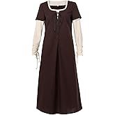 FURPHI Medieval Linen Dress Retro Fake Two Piece Peasant Underdress Renaissance Festival Halloween Costume for Women
