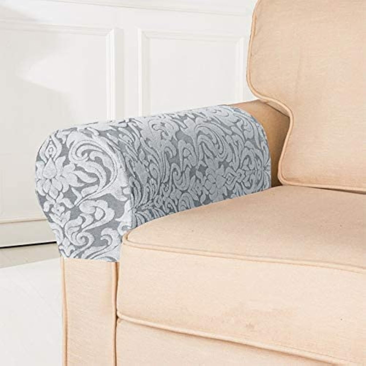 Sxspace 1 pair Stretch Armrest Covers Soft Sofa Jacquard Spandex Arm Covers, Furniture Protector Washable (Light Gray)