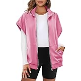 Fisoew Women's Zip Up Sweatshirts Sleeveless Oversized Casual Solid Color Sweatshirt with pockets Pink