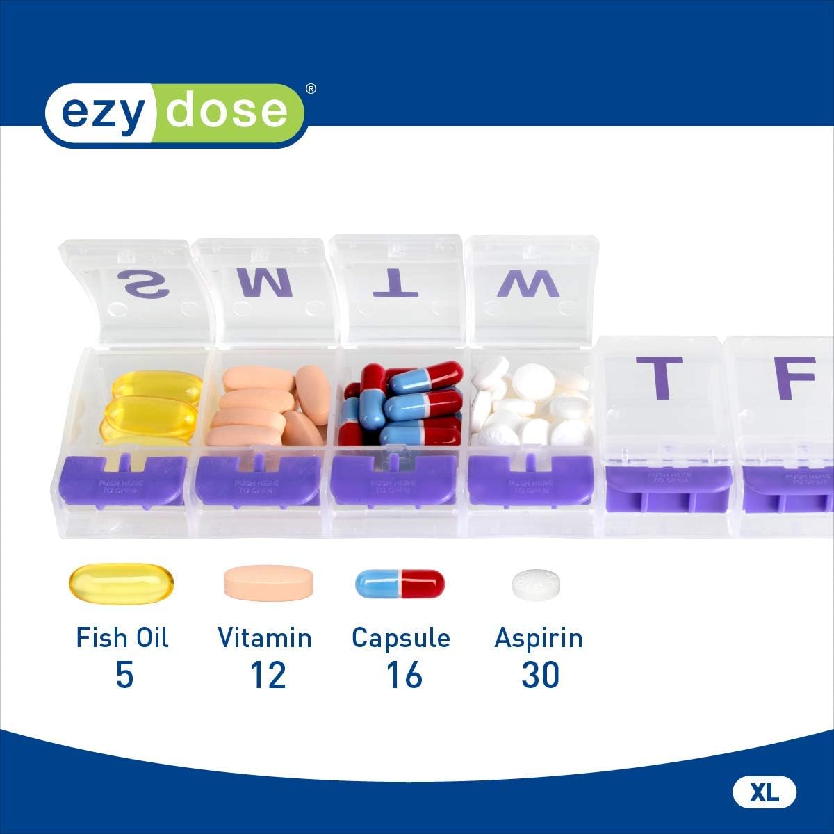 Ezy Dose Push Button (7-Day) Pill, Medicine, Vitamin Organizer Box | Weekly, Daily Planner | Large Compartments | Arthritis Friendly | Clear Lids: Health & Personal Care