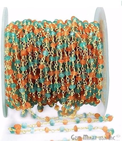 3ft Carnelian & Aqua Chalcedony, 3-3.5mm Beads 24k Gold Plated Wire Wrapped Rosary Chain( GPCN-30062)
