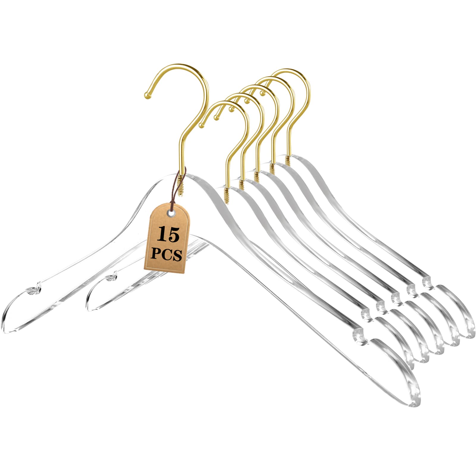 Besser 15 Pack Acrylic Hangers with Gold,Acrylic Clear Hanger,Premium Crystal Dress hanger Swivel Gold Hook Luxurious Shiny Clothes Hanger