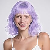 SUKRI Purple Wig with Bangs 12 Inch Bob Wavy Wigs for Women Short Shoulder Length Women's Curly Wigs for Halloween Costumes Cosplay