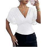BEAUDRM Women's Wrap Tops Sheer Mesh Dolman Sleeve Tees Cinched Waist Ruched Tie Back Casual Shirts