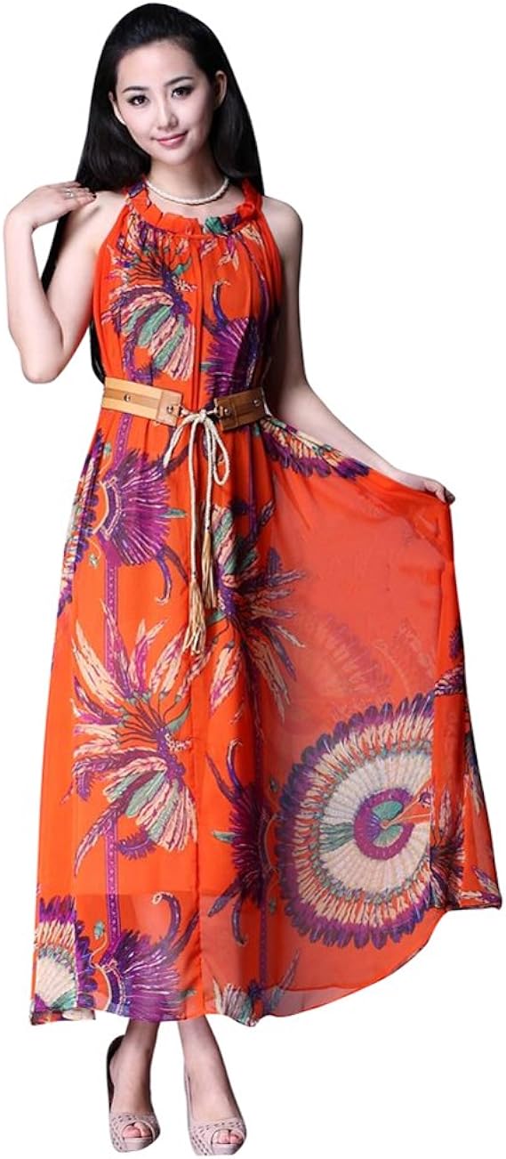 Amazon ワンピース マキシワンピース ボタニカル柄 シフォンスカート マキシ丈 花柄 ロング 裏地 ストラップ レディース おしゃれ かわいい 春ワンピース 夏ワンピース 春夏 ノースリーブシフォン M オレンジ ワンピース チュニック 通販