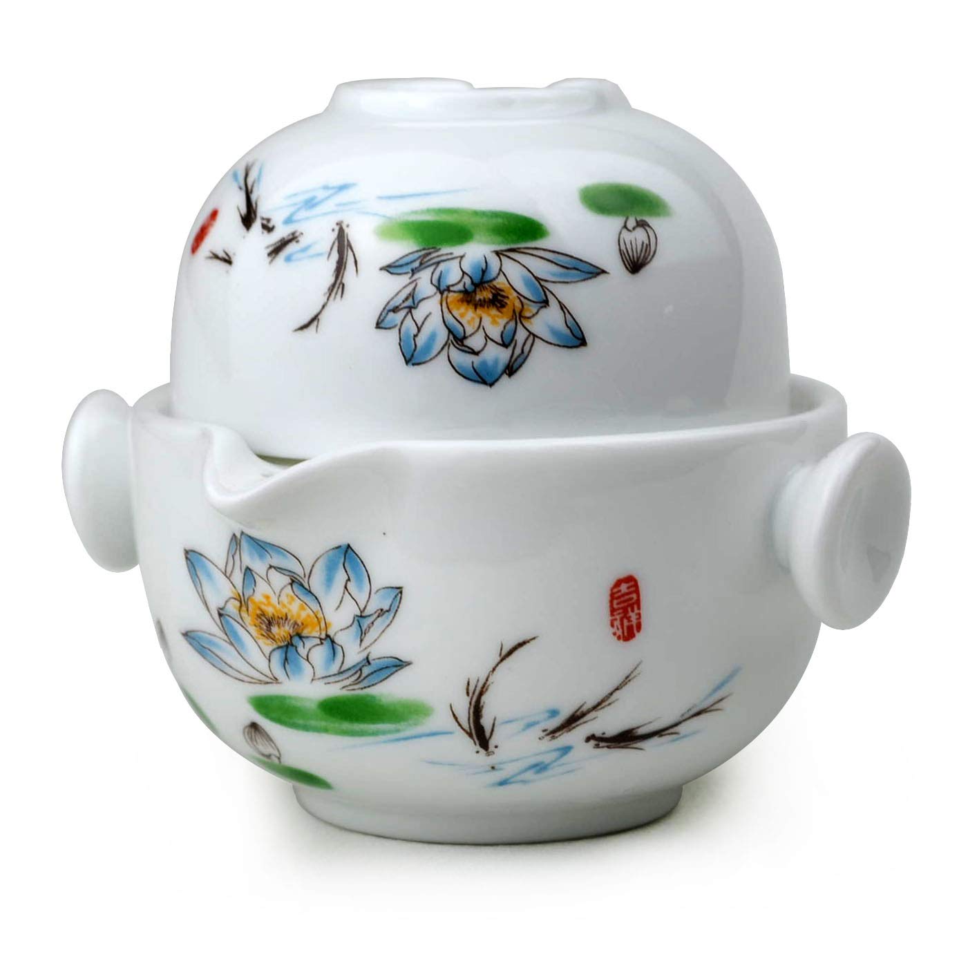 Liang baobao Convenient Teapot Cup Porcelain Teacup White Glazed Travel tea set (Lotus)