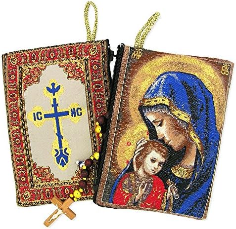 Religious Gifts Madonna and Child Mother's Embrace Icon Cloth Tapestry Rosary Pouch, 5 3/8 Inch