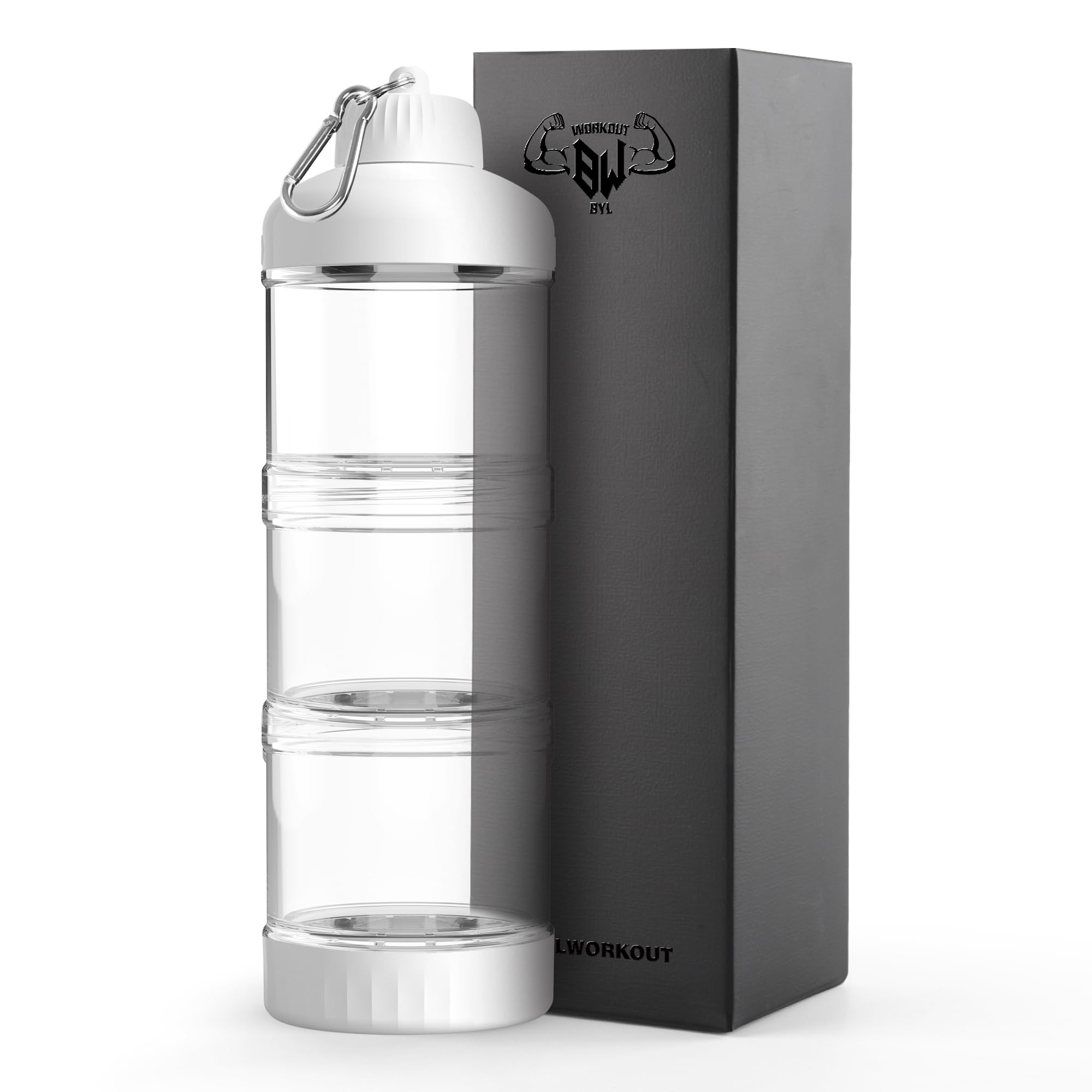 Photo 1 of BYLWORKOUT 3 Layers Protein Travel Container with Funnel and Keychain | Cute Protein and Kitchen Storage Containers | Clear Plastic Kitchen Grade Box Organisers for Workout and Travel (White)