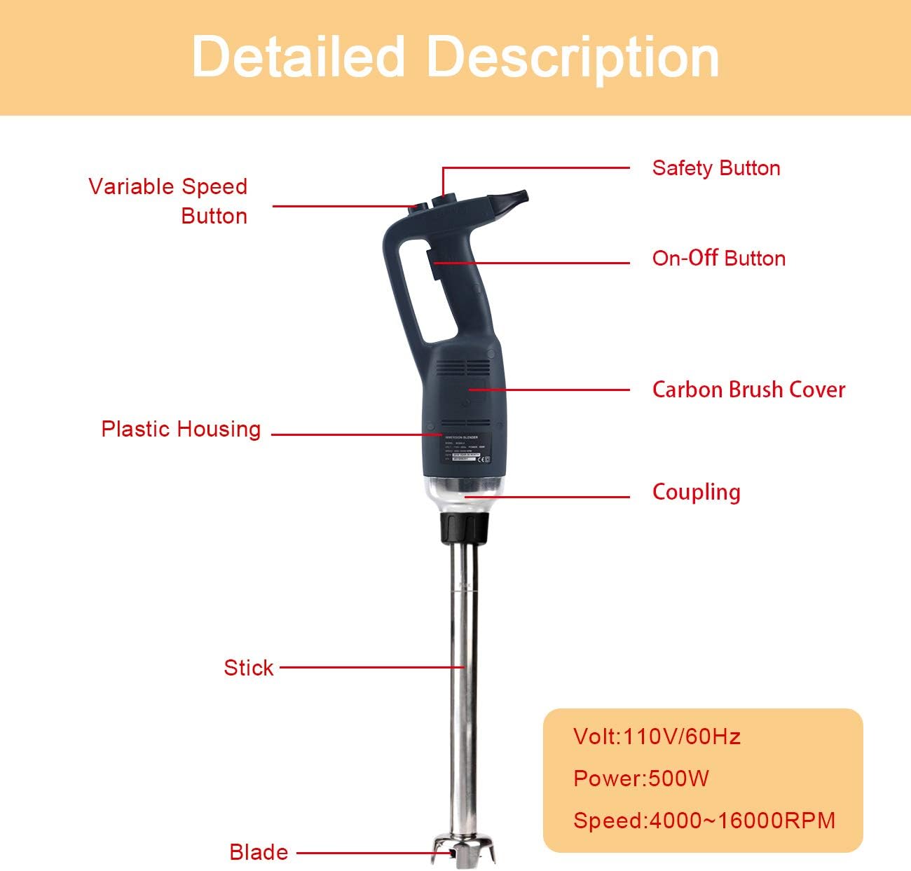 Li Bai Commercial 14’’ Immersion Blender 750 Watt Electric Hand Mixer With Detachable Shaft Power 2500rpm to 15000rpm Capacity 304 Stainless Steel Variable Speed: Kitchen & Dining