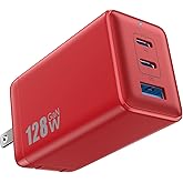 128W USB C Wall Charger,GaN III 3-Port Fast Charging Station,PD QC Foldable Charger Block Portable 65W Laptop Adapter for MacBook Pro/Air,iPad Pro,Galaxy S23,Dell XPS 13,iPhone 17/16/Pro etc