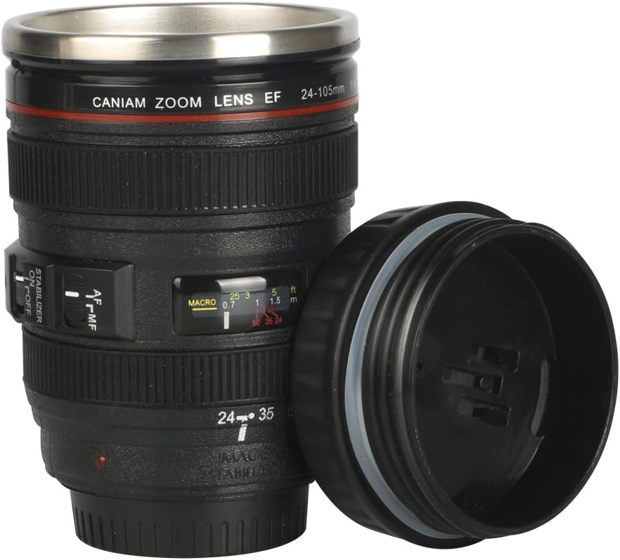 Canon Coffee Mug | Multipurpose Travel Thermos Beverages Container with Lid Stainless Steel Interior Food-Grade ABS Plastic Exterior | Novelty Gift for Camera Lover | Black | 1615
