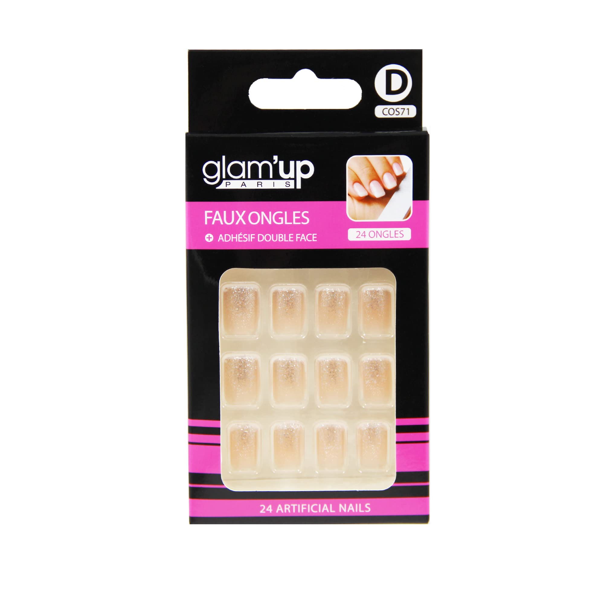 Glam'Up Paris False Nails - Full Cover - Easy to Use - 24 False Nails per Box + Double-Sided Adhesives - Rounded Square Shape - No. 71 - Glitter Gradient - Silver