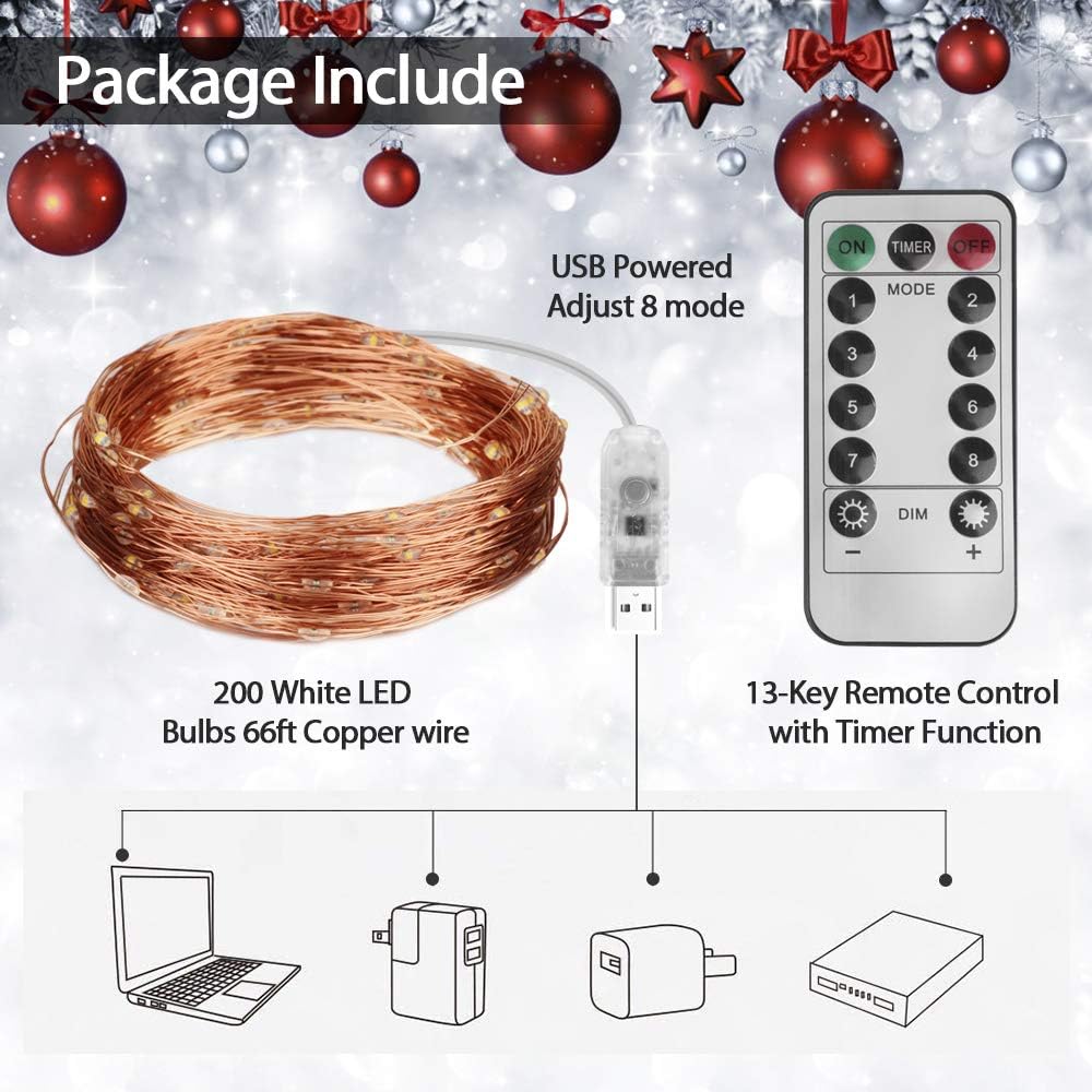 66 Ft 200 LED Fairy Light - Cooper Wire String Light USB Powered with 8 Modes Remote Control for Indoor&Outdoor, for Bedroom Ceiling Wall Tapestry Halloween Christmas Decor (Warm White Colored) : Garden & Outdoor
