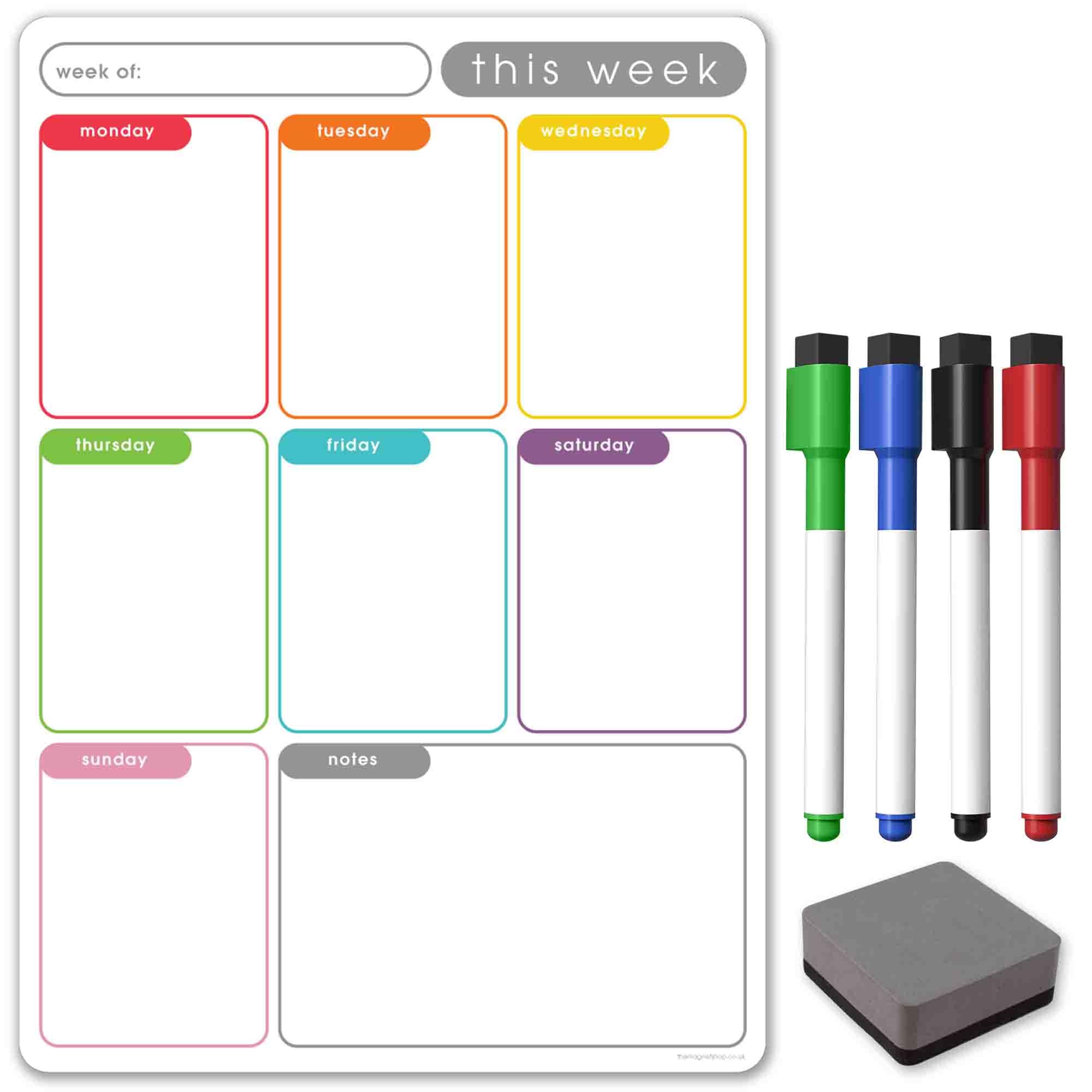 TMS A3 / A4 Multi-Coloured Magnetic Weekly Planner/Memo Board/Calendar – Whiteboard, Shopping List and Meal Planner - with 4 Magnetic Dry Wipe Pens and Eraser (Colour Memo, A3)