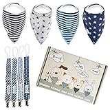 Bandana Drool Bibs & Pacifier Clips Gift Box (4 Pack Boys). Organic Cotton. Double Layered Moisture Protection