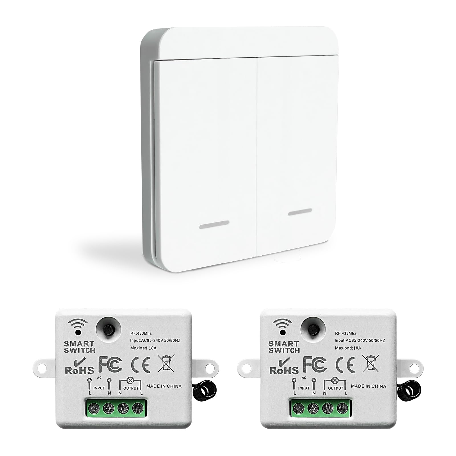 Wireless Light Switch Wireless Light Switch Kit 86 Wall Panel RF Safety Switch and 10 Amp Relay receiver controller, No Wiring Easy Install, for Lights up to 1500W（2 Receiver and 1 Switch）