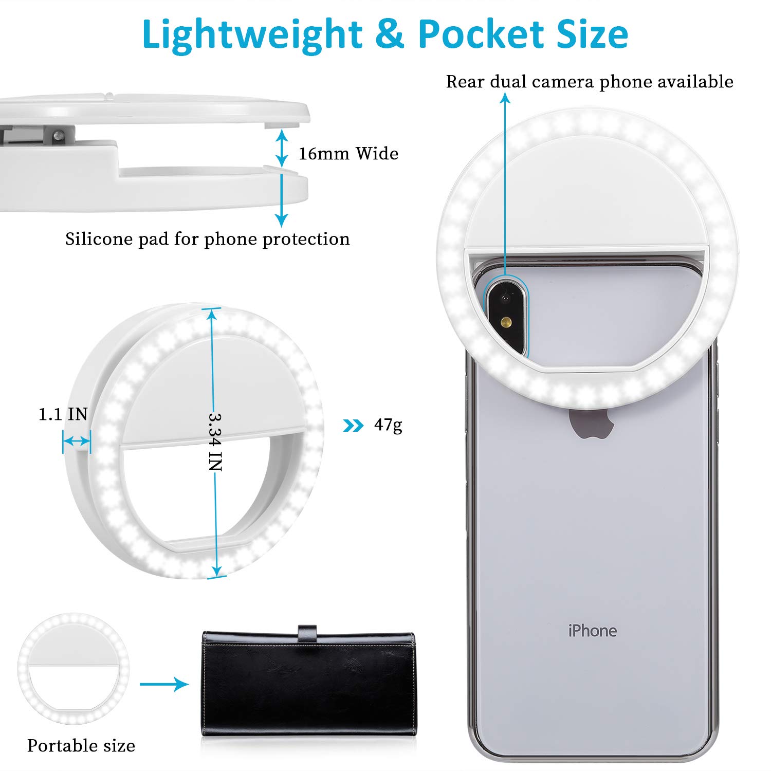 Selfie Ring Light, Rechargable 36 LED Natural Light Lighting Clip On Phone Tablet Laptop Photography Phone Camera Photos Video by Boiros