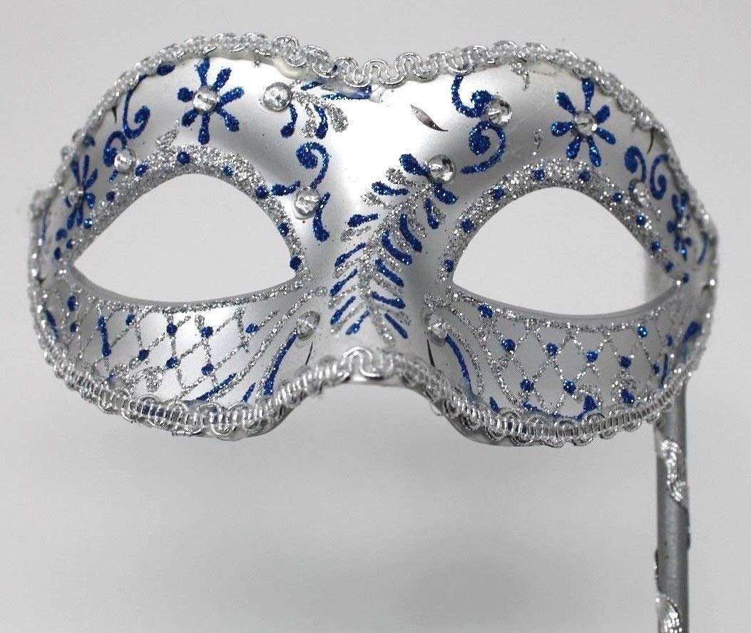 LADIES SPARKLING BLUE & SILVER VENETIAN MASQUERADE CARNIVAL PARTY EYE HAND HELD MASK ON A STICK WITH DIAMONTES