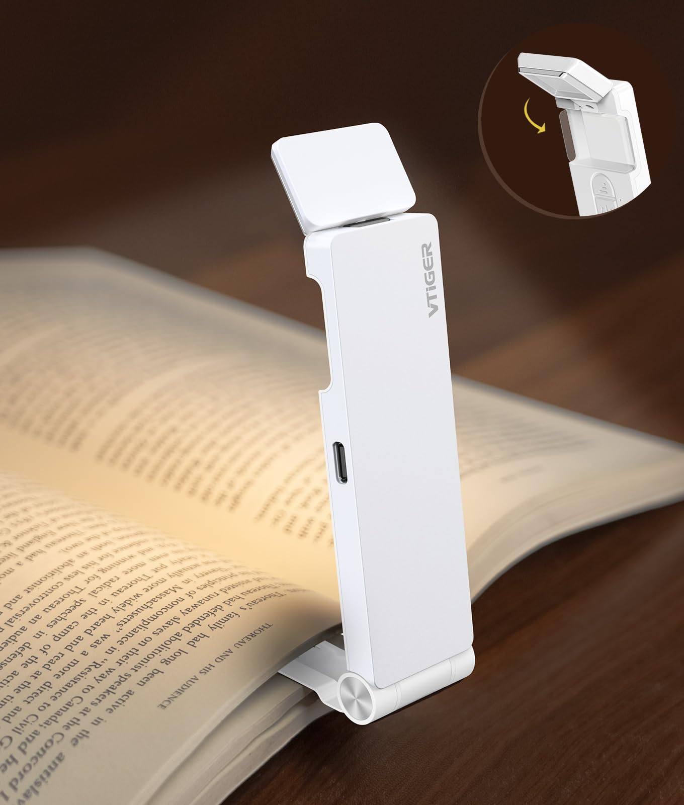 VTIGER Reading Light, USB Rechargeable Book Light for Reading in Bed,Foldable Clip-on LED Booklight, 3 Amber Colors & 4 Brightness Dimmable,Long Lasting Portable Bookmark Lamp for Book Lovers, Kids