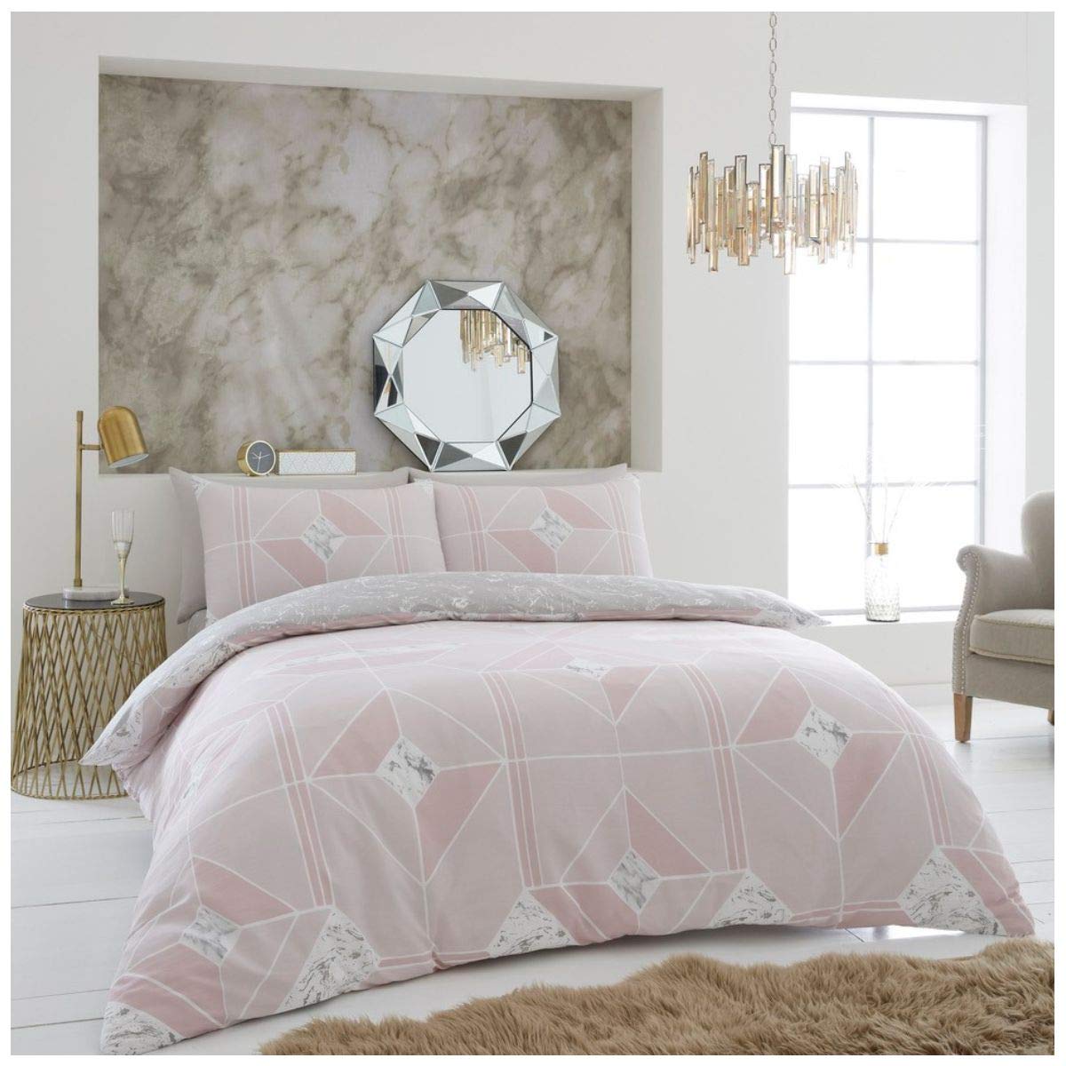 GC GAVENO CAVAILIA Geometric Pattern Shapes Duvet Cover, Luxury Reversible Marble, Lines Quilt Bed Set, Polycotton, Blush Pink, King