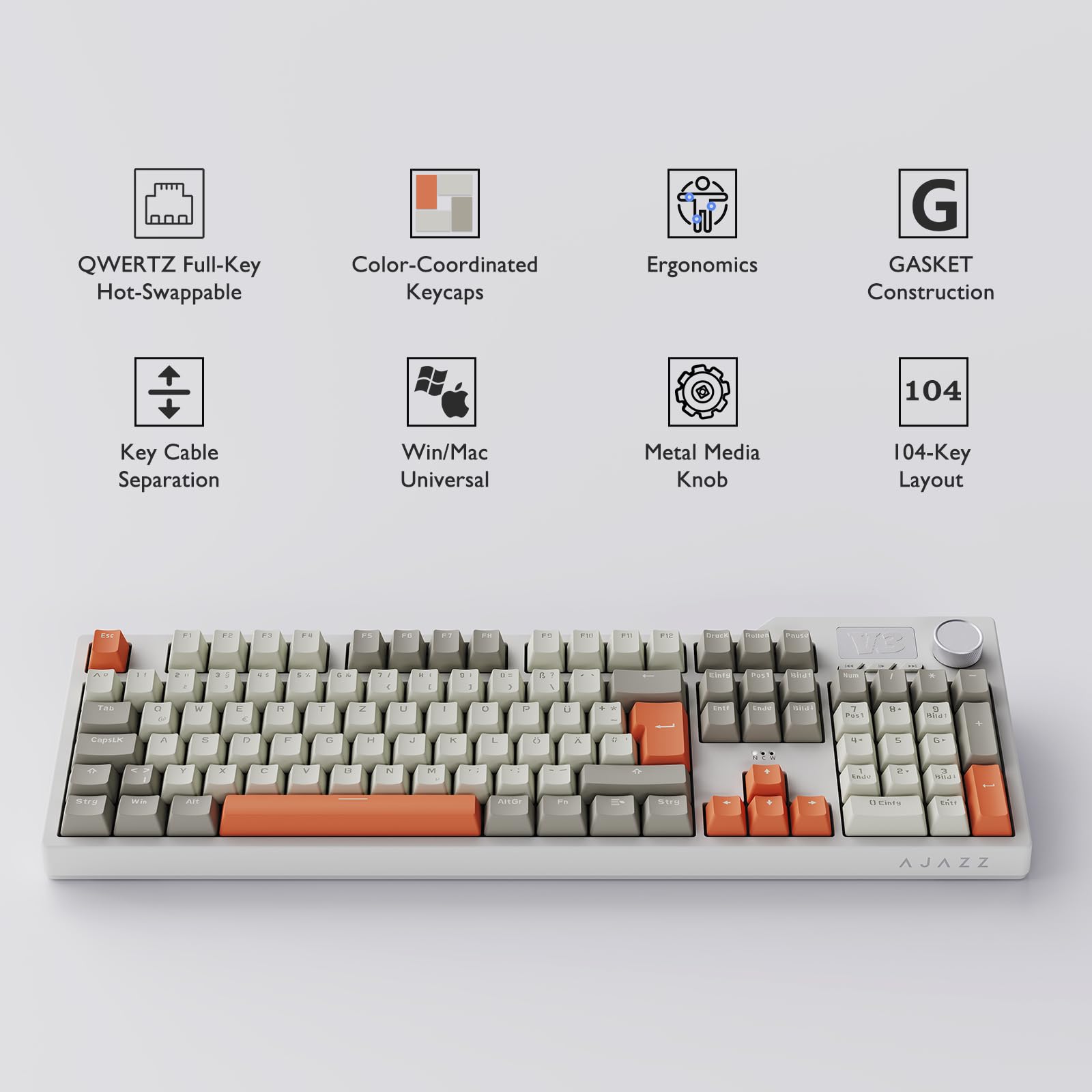 nacodex AJAZZ AK35I V3 Kabelgebundene Mechanische Tastatur, 104 Tasten Gaming Tastatur, Ausgestattet Mit Multimedia-Tasten Und Drehknopf, Mit Deutschem QWERTZ-Tastaturlayout, Grau Beige Orange 2