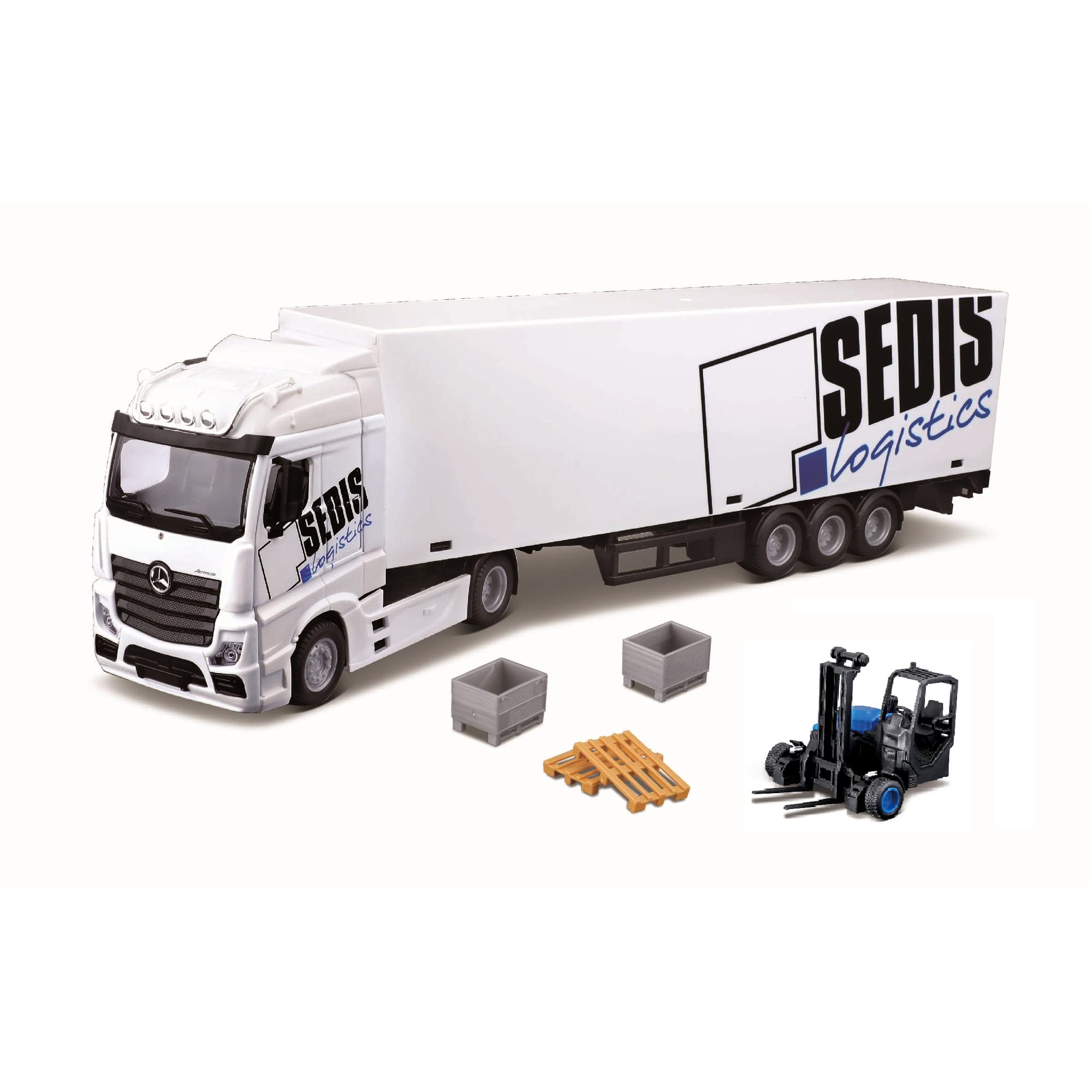 Bburago STREET FIRE HAULERS MB ACRTROS LIFT AND LOAD Die-Cast Truck with Pallets - 1:43 Scale - Collectible Truck