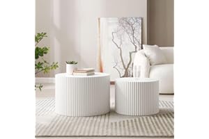 JURMALYN White Round Coffee Table Nesting Coffee Table Set of 2 Contemporary Circle Coffee Table Fluted Side Tables End Table for Living Room Office