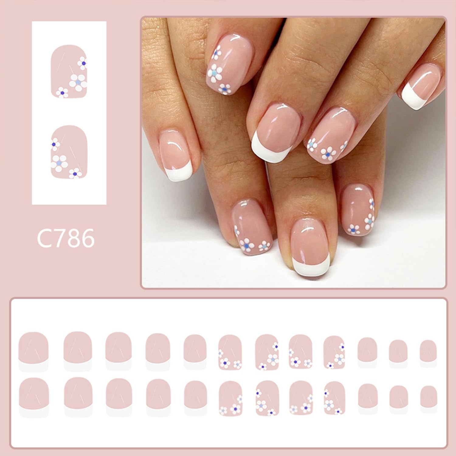 Tyuimhx White French Tip Press on Nails Short Square Fake Nails White Flowers False Nails Glossy Full Cover Stick on Nails Acrylic Floral Artificial Nails for Women Glue on Nails 24 Pcs - Image 2