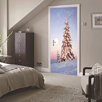 Door Wall Mural Wallpaper Sunset Snow Forest With Christmas