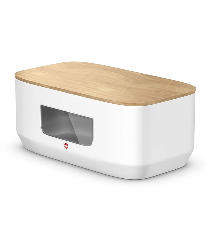 Hailo KitchenLine Design Brotkasten, Korpus aus Stahlblech mit Sichtfenster, Deckel aus Holz als Schneidebrett verwendbar, le