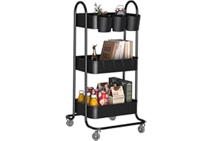 Newlemo 3-Tier Metal Rolling Cart,Utility Storage Carts with Wheels,Art Cart,Craft Cart,Small Roller Cart Organizer for Office Living Room Kitchen Bathroom Laundry (Black)