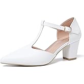 Peijely Women's T-Strap Pointed Toe Pumps, Block Heel Dress Shoes with Ankle Strap Buckle