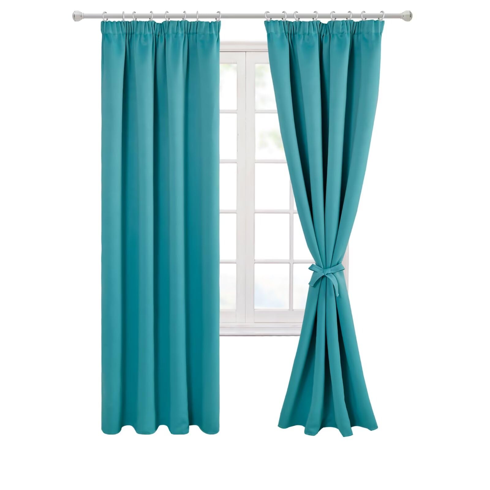 Hiasan Pencil Pleat Blackout Thermal Insulated Curtains, Bedroom and Living Room with Tiebacks, Energy Saving and Noise Reducing, 2 Panels, 46 x 72 Inch, Turquoise Blue
