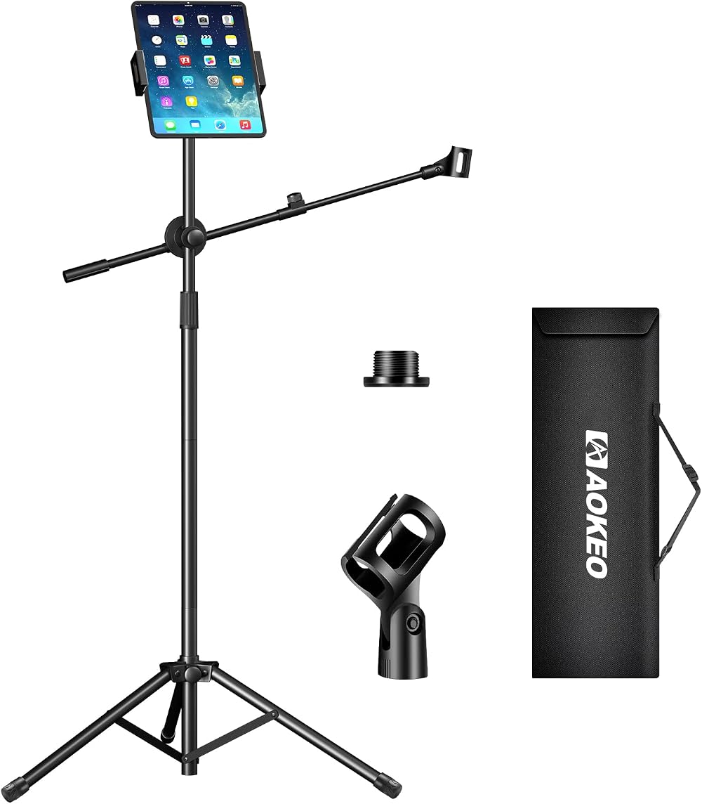 Aokeo Microphone Stand Floor Tripod with Boom Tablet Holder Carry Bag