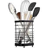 KEINEUX Utensil Holder Kitchen Countertop Organizer, Cutlery Drainer Sink Caddy Storage Drying Rack for Silverware Flatware and Cookware Stainless Steel(Black-L)