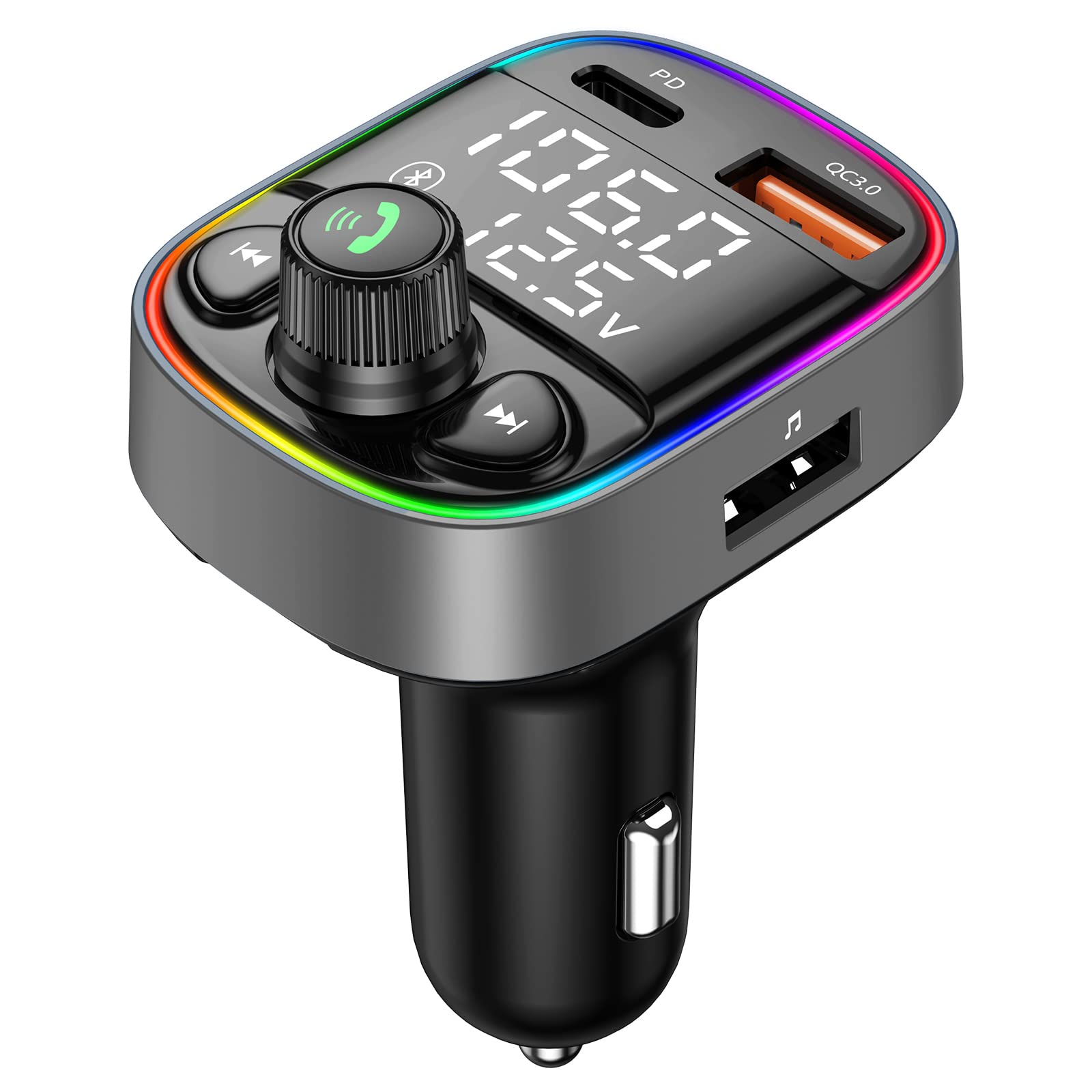 Photo 1 of LIHAN AUX USB C Bluetooth Car Adapter, Wireless Handsfree Call, FM Transmitter Radio Receiver, QC3.0 & Type-C Car Charger, 7 Color Backlit with 2 LED Displays, TF Card & Music Stereo Player