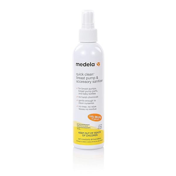 MEDELA QUICK CLEAN BREAST PUMP AND ACCESSORY SANITIZER SPRAY SAFE NO RINSE BREASTPUMP STERILIZER ELIMINATES 99.9 OF COMMON BACTERIA AND GERMS 8 FLUID OUNCES, CLEAR