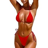 SherryDC Women's Sexy Triangle Bikinis Self Tie High Cut Cheeky Thong Two Pieces Swimsuits Scrunch Butt Bathing Suit
