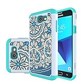 J7 V Case, J7 Perx Case, J7 Sky Pro Case, J7V Case, LEEGU [Drop Protection] Dual Layer Heavy Duty Protective Silicone Plastic Cover rugged Armor Case for Samsung Galaxy J7 2017 - Blue Flower