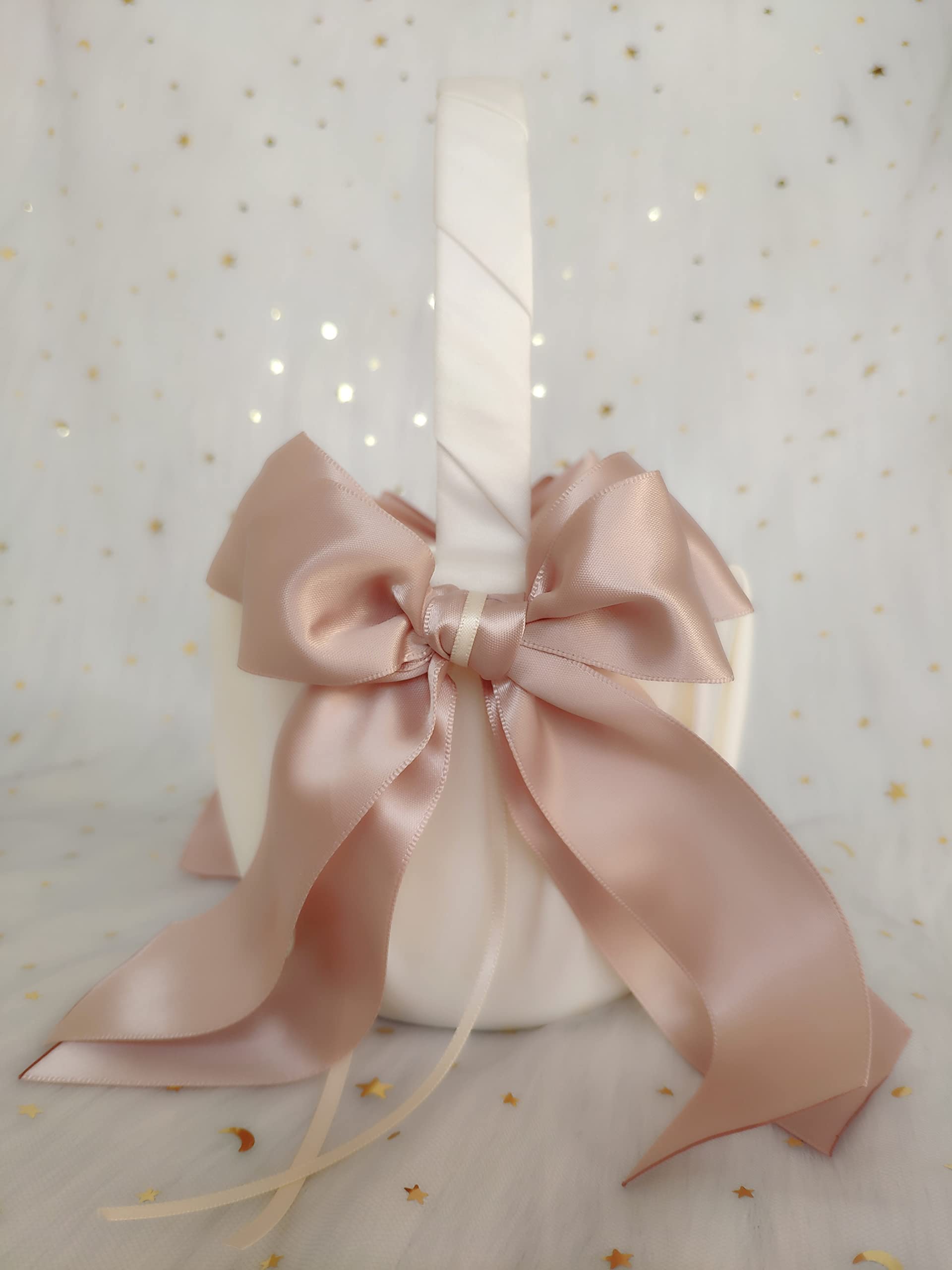 Photo 1 of Uwedding White Flower Girl Basket with Pink Double Ribbon Bow Décor for Wedding Ceremony Vow Renewal Baby Shower Party Favor (Basket)