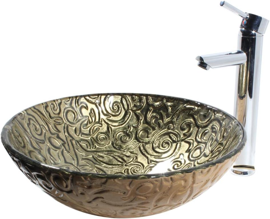 NIHE Tempered Glass Vessel Sink Countertop Sink Bathroom Vessel Sink With Faucet Mounting Ring And Water Drain,Style24