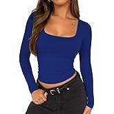 ForeFair Women Square Neck Long Sleeve Going Out Tops Tight Double Lined Basic Tees Shirt
