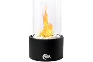 Shok World Concrete Tabletop Fireplace with Glass Stone - Portable Fire Pit Indoor & Outdoor Fireplace for Patio - Decorative Tabletop Fire Pit with Windproof Glass Cover - Bio Ethanol Ventless