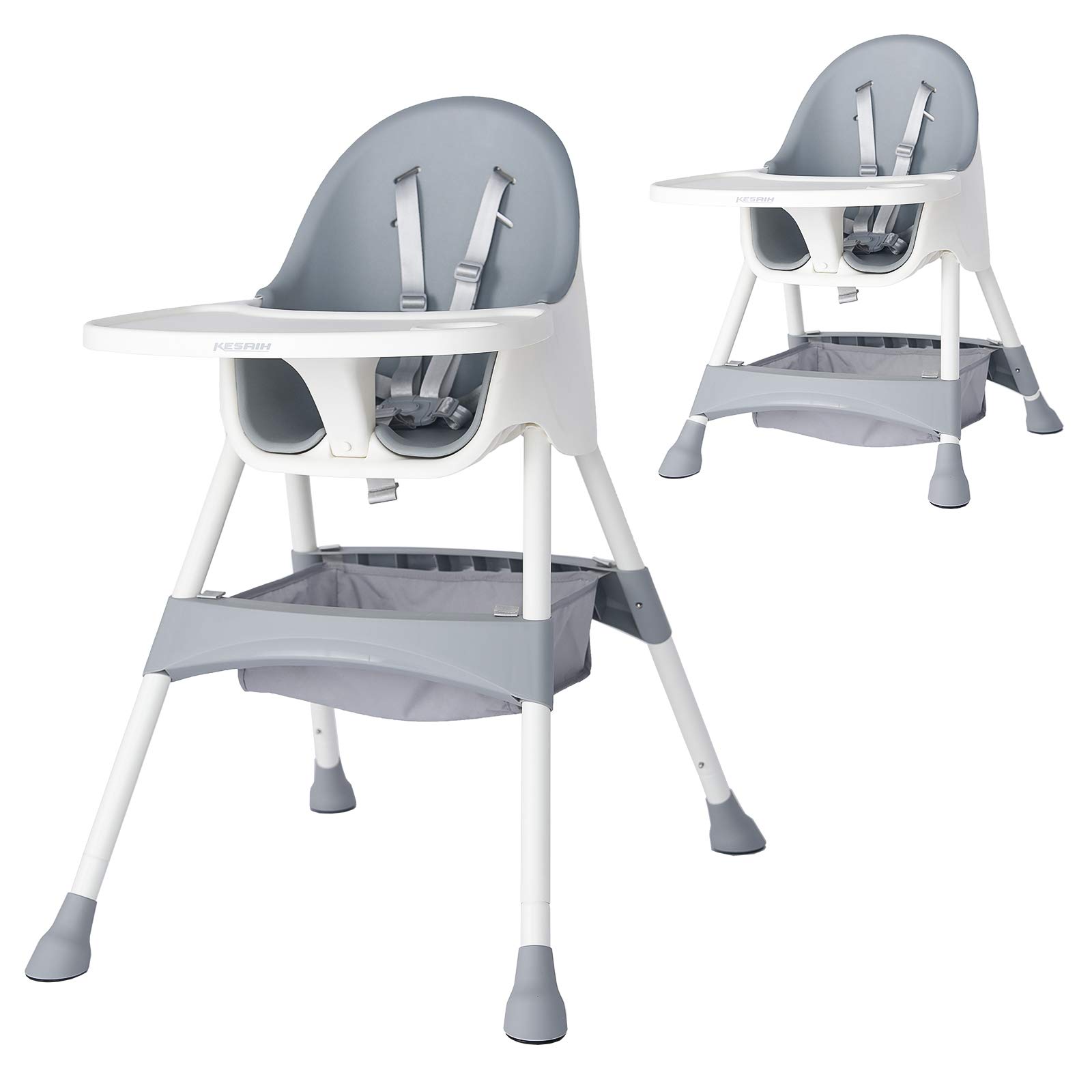 KESAIH High Chair, Height Adjustable High Chairs for Babies and Toddler with Easy-Clean Pu Cushion, Removable Tray, Adjustable Feet, 5 Point Safety Harness, Modern Toddler High Chair （Grey）