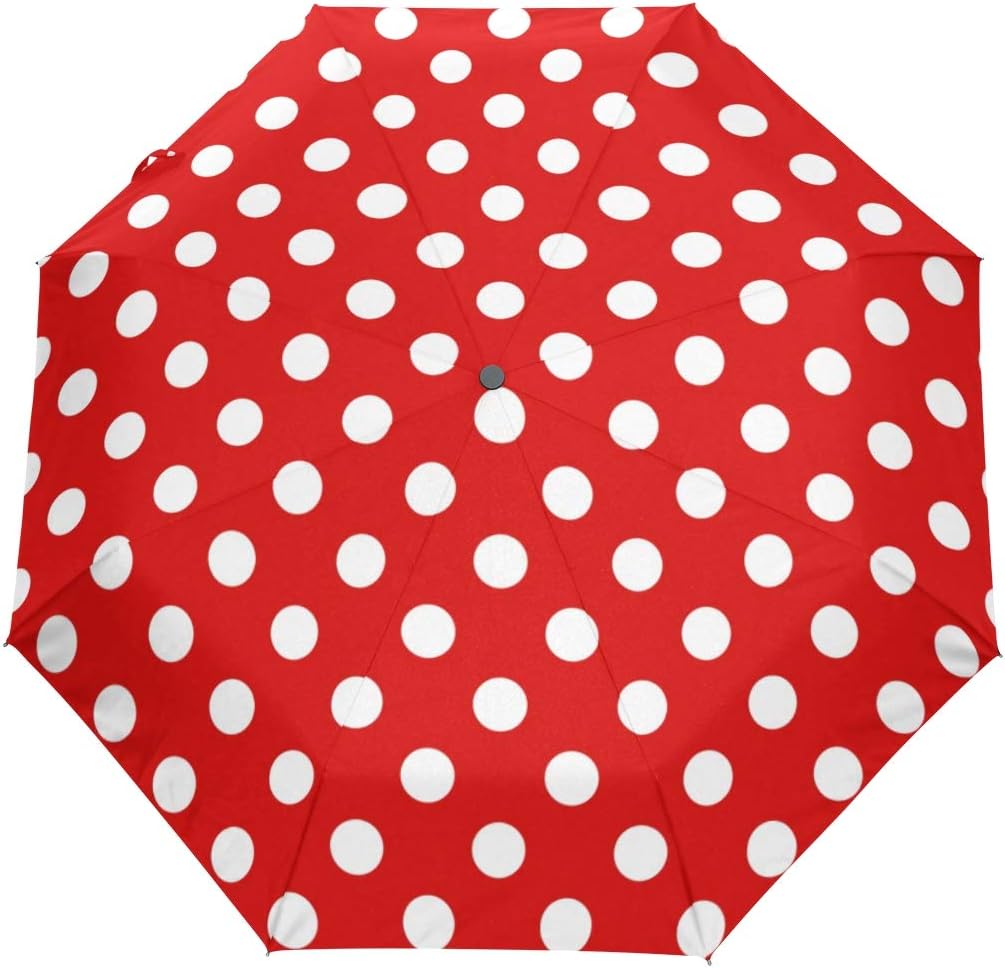 Umbrella White Dot Polka Red 3 Folds Auto Open Close Anti-UV Windproof Lightweight