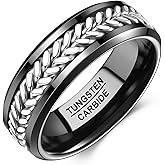 NUNCAD 8mm Men's Wedding Band Tungsten Carbide Rings,Black Rings for Men with Silver Stainless Steel Inlay,Comfort Fit High Polished Finish Beveled Edges Scratch-Resistant Ring Size 7-12