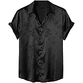 OYOANGLE Men's Satin Floral Print Button Down Front Lapel Collar Solid Short Sleeve Shirt