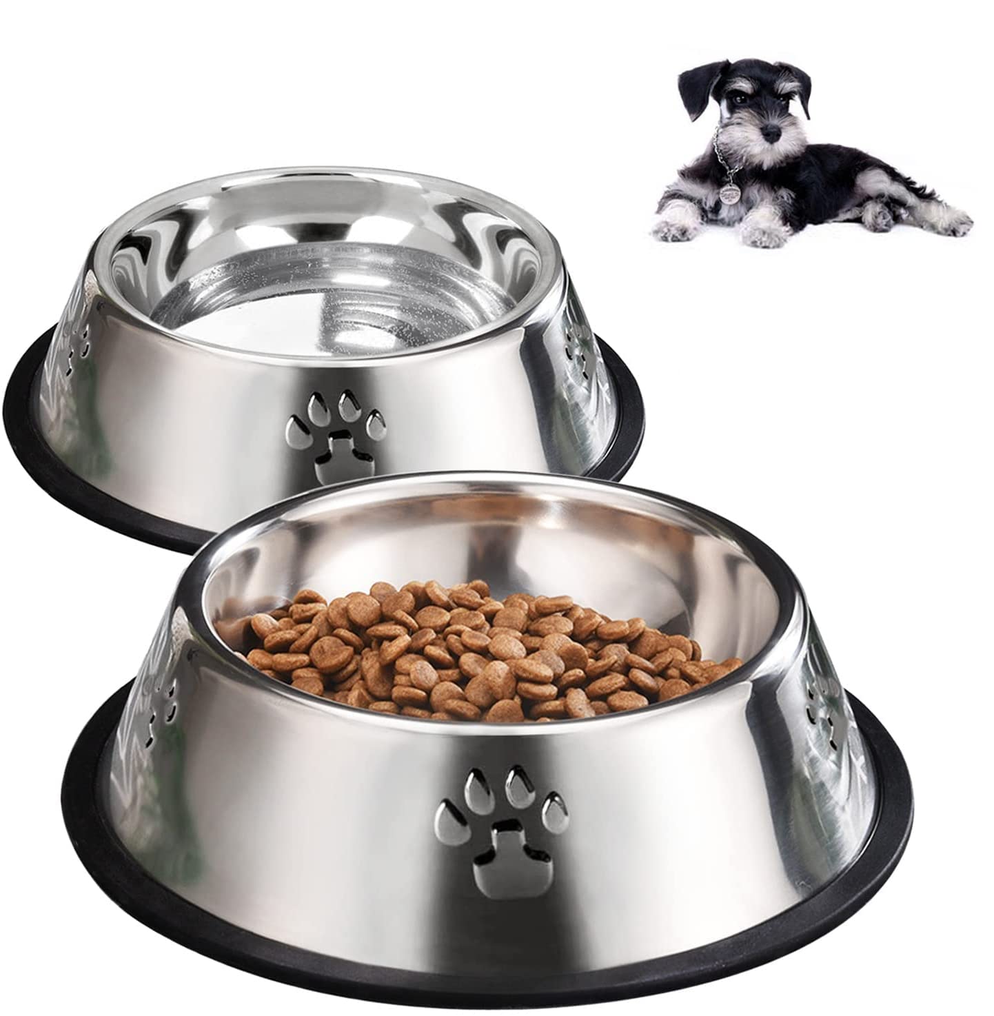 YUDANSI 2PC Paw Prints Stainless Steel Dog Bowls, 560ml Dog Feeding Bowls, Cat Plate Bowls with Rubber Bases, Small, Medium and Large Pet Feeder Bowls and Water Bowls