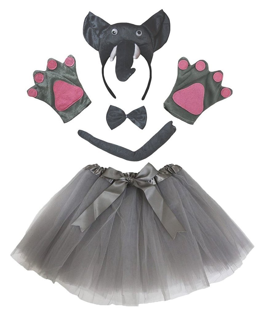 Petitebelle Cute Headband Bowtie Tail Gloves Tutu 5pc Girl Costume 1-10y (Elephant, 1-5 Years)