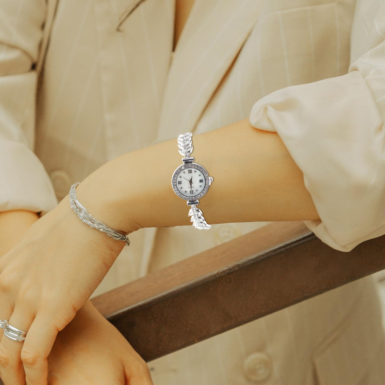 minkissy Rhinestone Women Watch Elegant Silver Bracelet with Quartz Mechanism Mermaid Themed Design Durable for Casual and Formal Occasions
